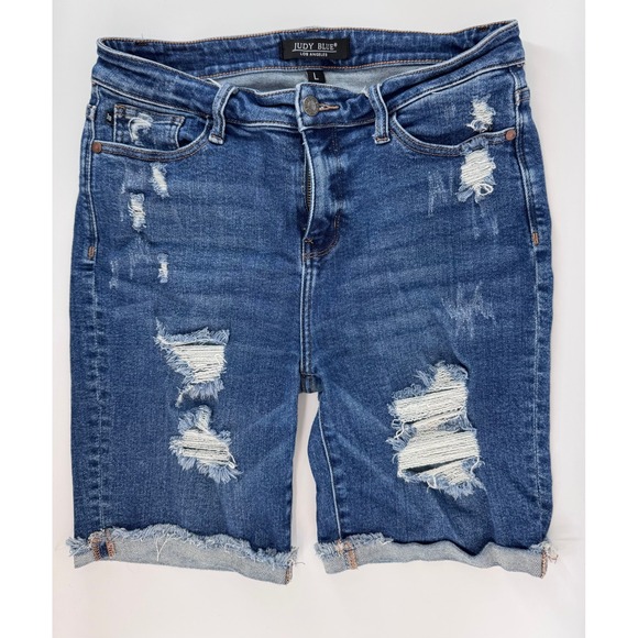 Judy Blue Pants - Judy Blue Distressed Denim Shorts Womens Large Blue Cutoff Frayed Hem EUC